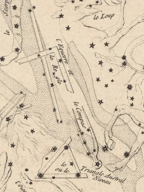 Lacaille engraving (1756) showing the Norma, Circinus and Triangulum Australe constellations — the square, the compass, the level: three carpenter's tools inscribed in the southern sky